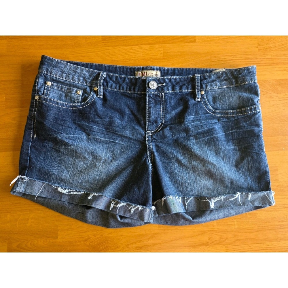 YMI Jeans Womens 18 Dark Wash Cut Off Denim Shorts Thick Stitch Frayed Stretch